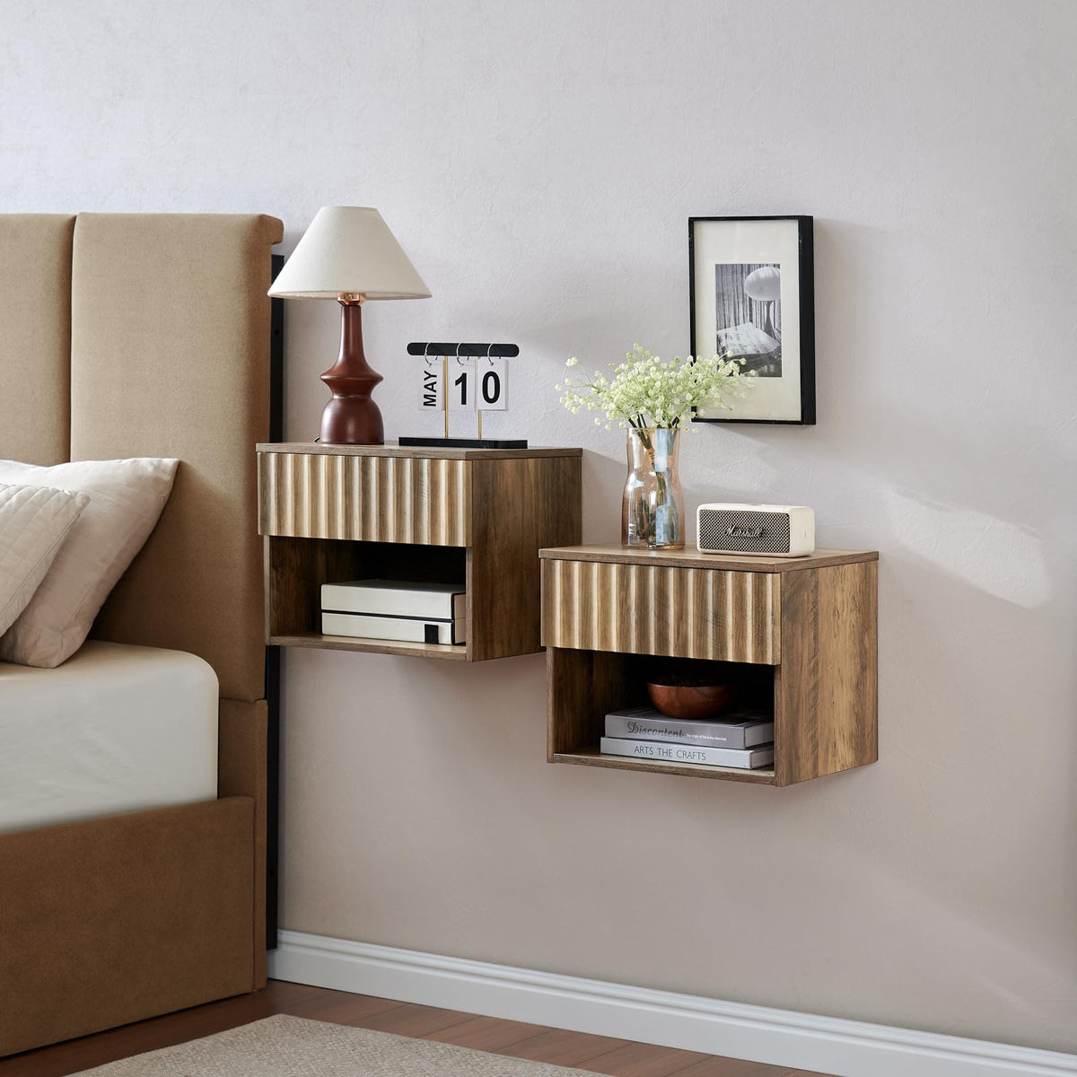 BuildHom Floating Nightstand Set of 2 with Fluted Drawer, Bedside Table