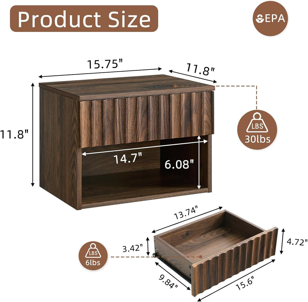 BuildHom Floating Nightstand Set of 2 with Fluted Drawer, Bedside Table