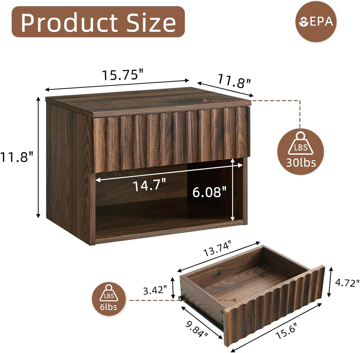 BuildHom Floating Nightstand Set of 2 with Fluted Drawer, Bedside Table