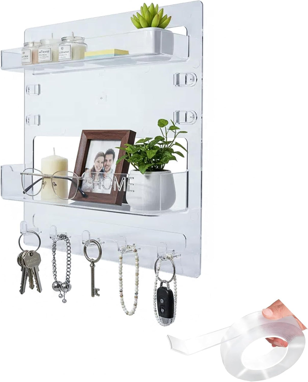 Bedside Shelf with Nanotape, No Drill Wall Mounted Organizer for Phone & Remote, Floating Charging Shelf for Dorm, Apartment, RV, Small Space Bedroom Decor for College Girl,Clear