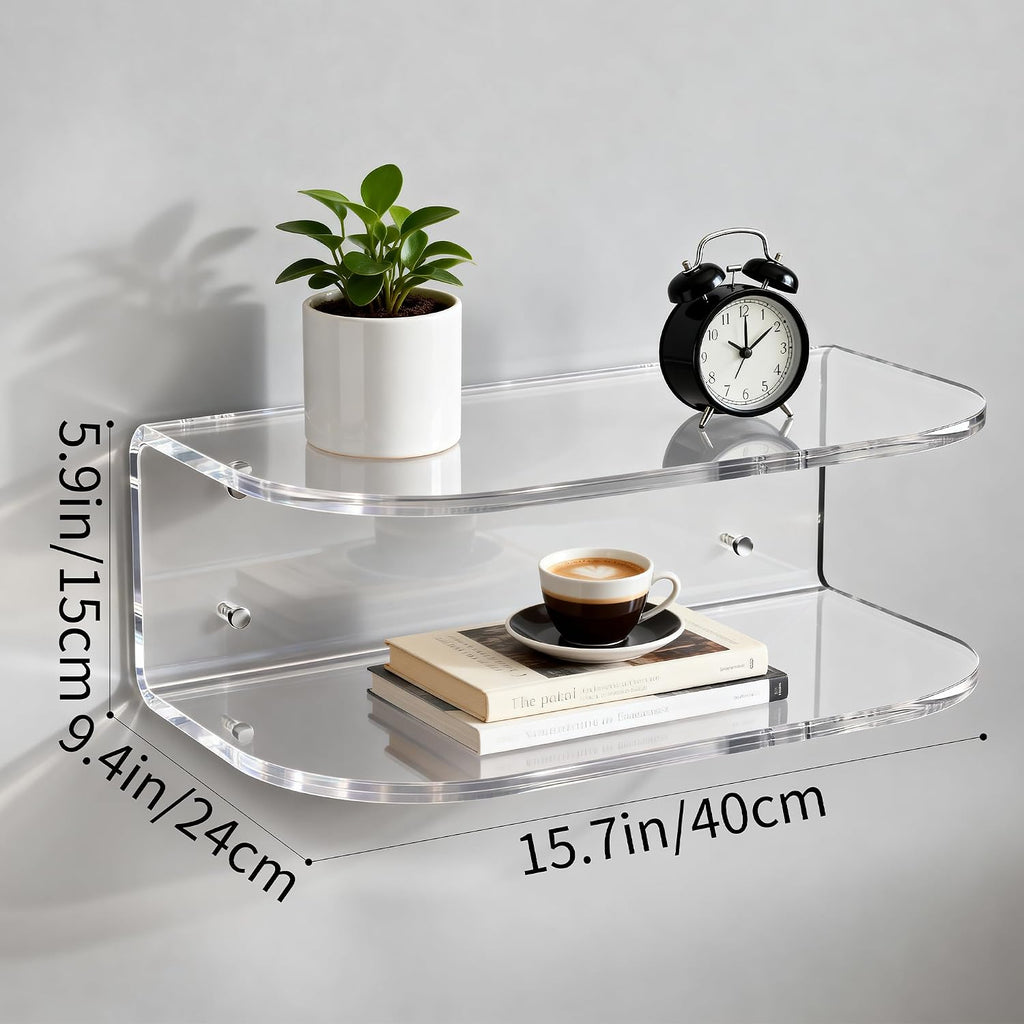 Acrylic Floating Nightstand, Wall Mounted Bedside Table Shelf (Clear, 15.7”×9.4“×5.9”)