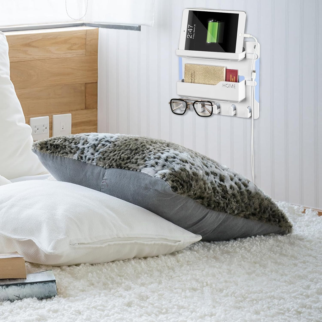 YONGAIJIA Bedside Shelf Wall Mount with Hooks, Cable Clips, No-Drill, White