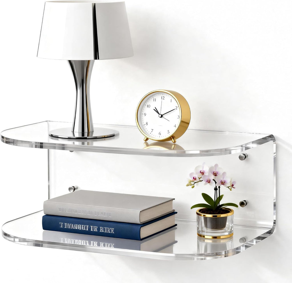 Acrylic Floating Nightstand, Wall Mounted Bedside Table Shelf (Clear, 15.7”×9.4“×5.9”)