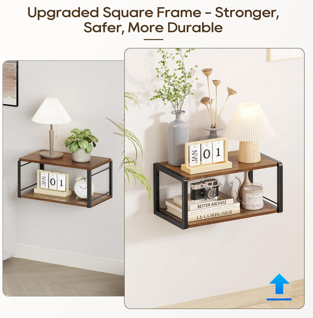 Floating Nightstand, Wood Bedside Shelf Wall Mounted Nightstand with Heavy-Duty Frame, Floating Bedside Table for Bedroom, Bathroom, Kitchen, (Vintage Brown, 1 Pack)