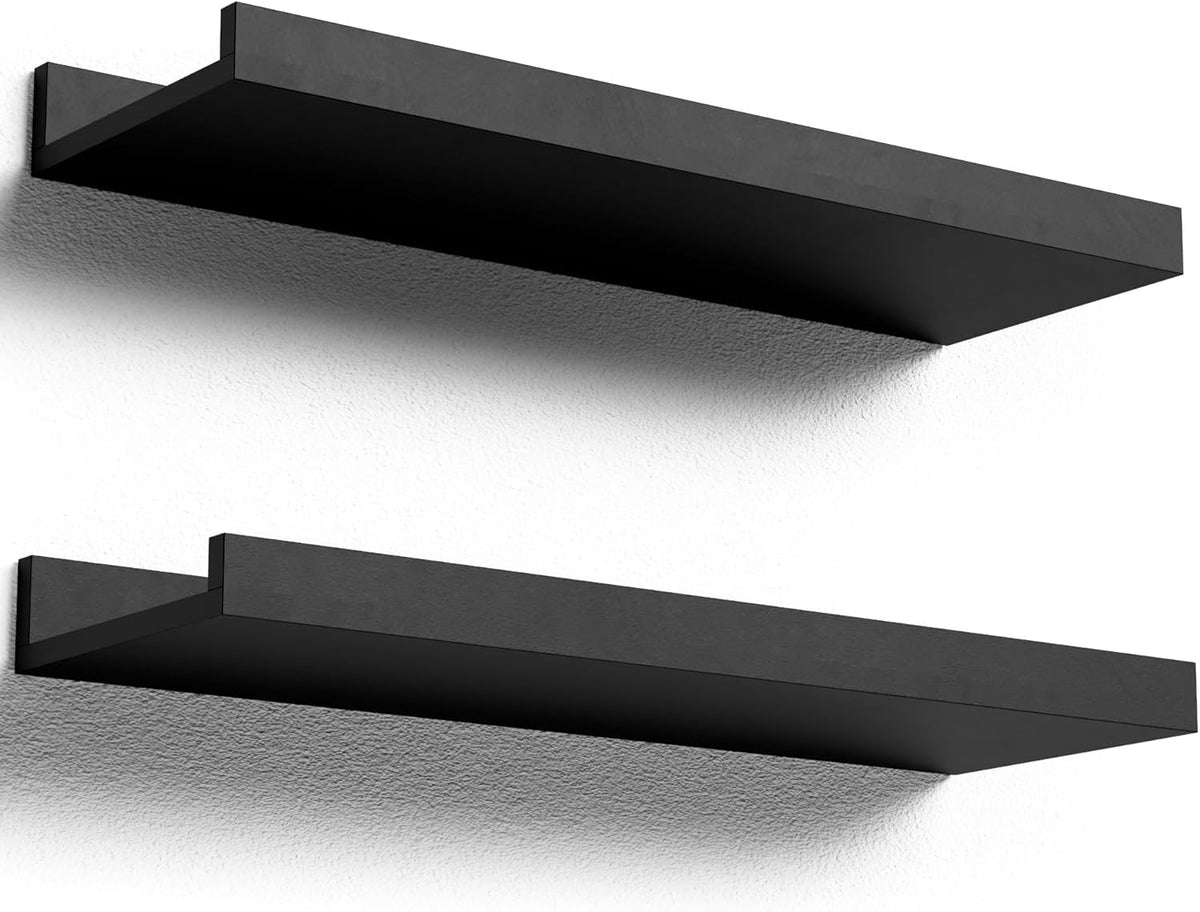 Boswillon Floating Shelves Set of 2, Small Wall Shelf with Lip, 16in, Black