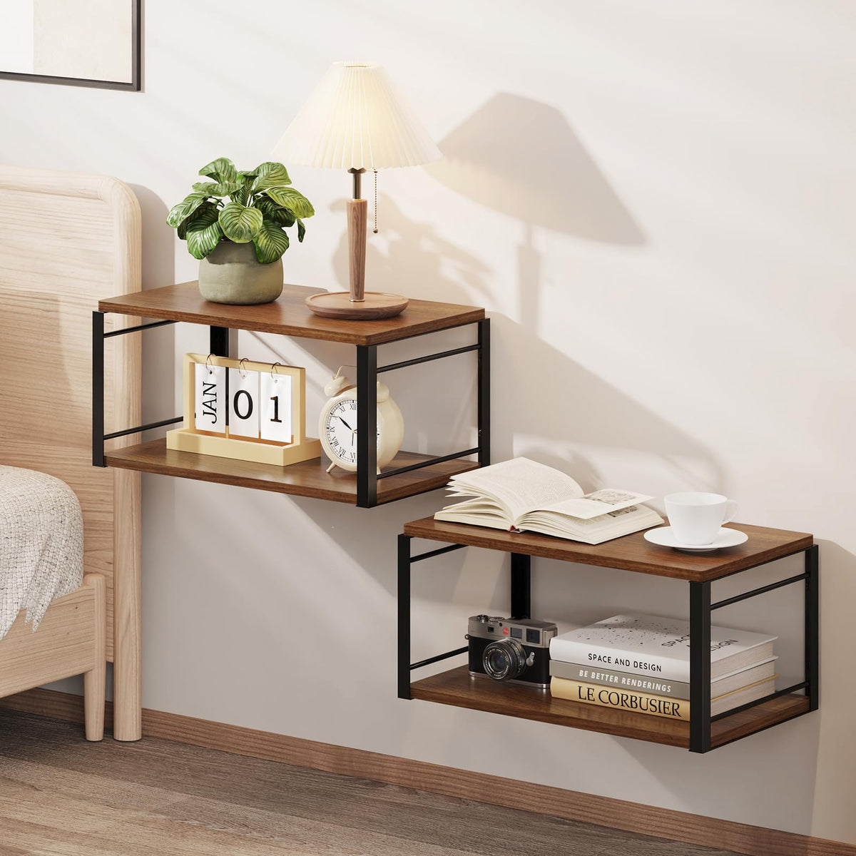 Floating Nightstand, Wood Bedside Shelf Wall Mounted Nightstand, Floating Bedside Table Wall Shelf for Bedroom, Living Room, Bathroom, Kitchen, Office (Vintage Brown)