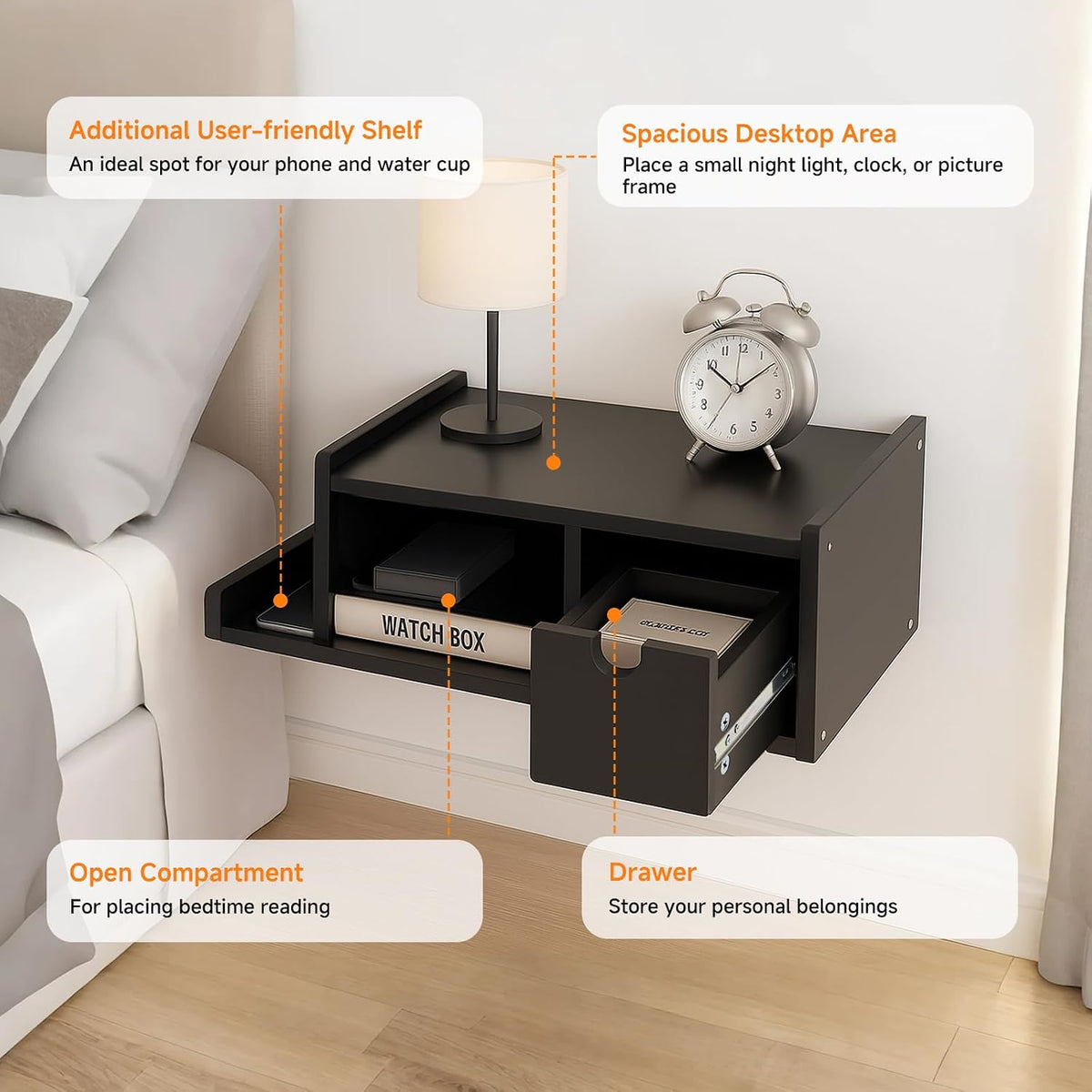 Floating Nightstand with Drawer & Open Shelf, Wall Mount, Black