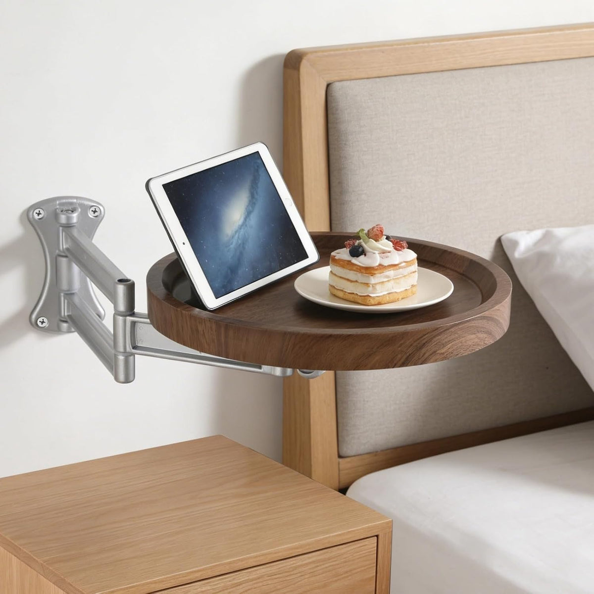 Wall Mounted Bedside Shelf, 11 in Round Floating Table for Wall, Foldable Side Tray with Swing Arm Bracket, Space Saving Nightstand Desk for Bedroom, Sofa, Small Study Corner