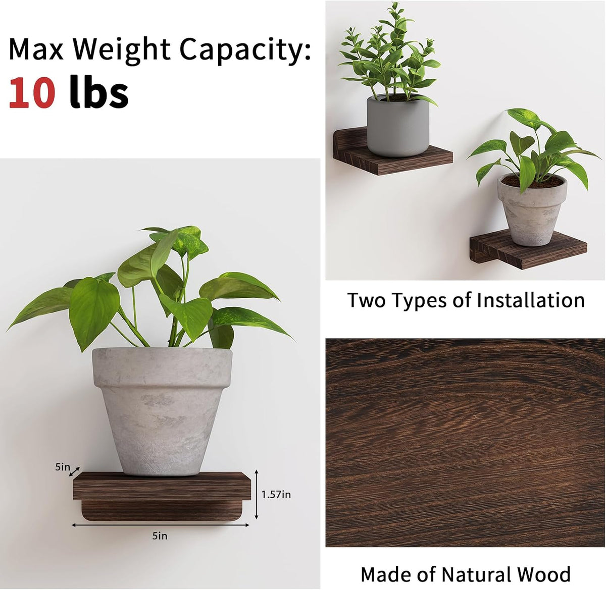 Fixwal Small Floating Shelves for Wall (Dark Carbonized, Set of 4, 5 Inch)