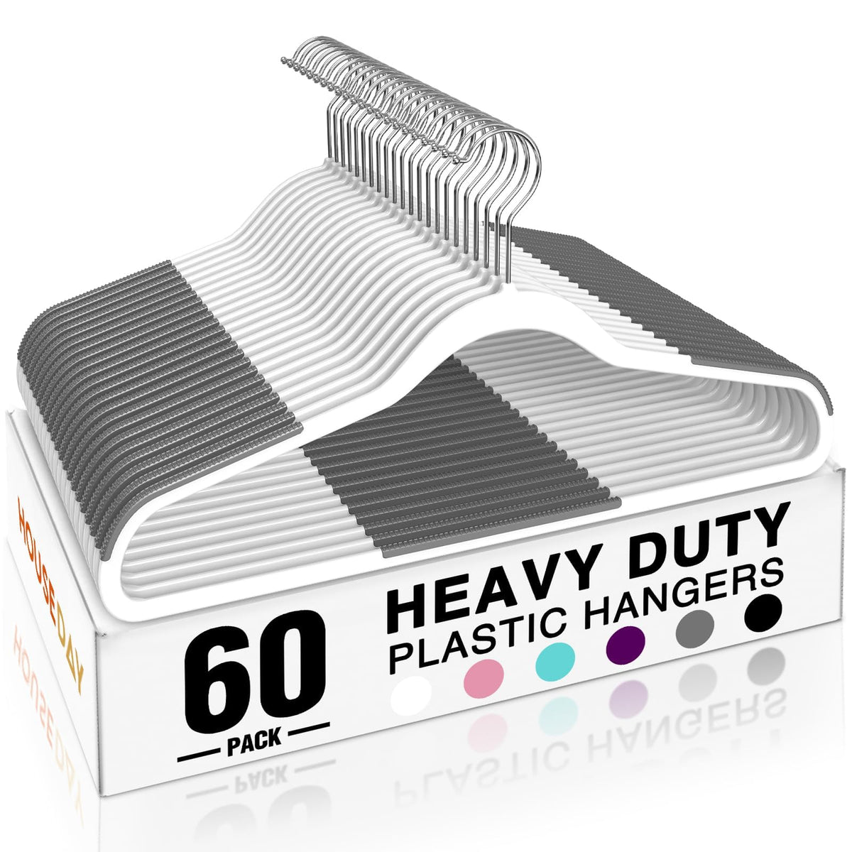 HOUSE DAY Non Slip Plastic Clothes Hangers 60 Pack with Rubber Pads, Grey