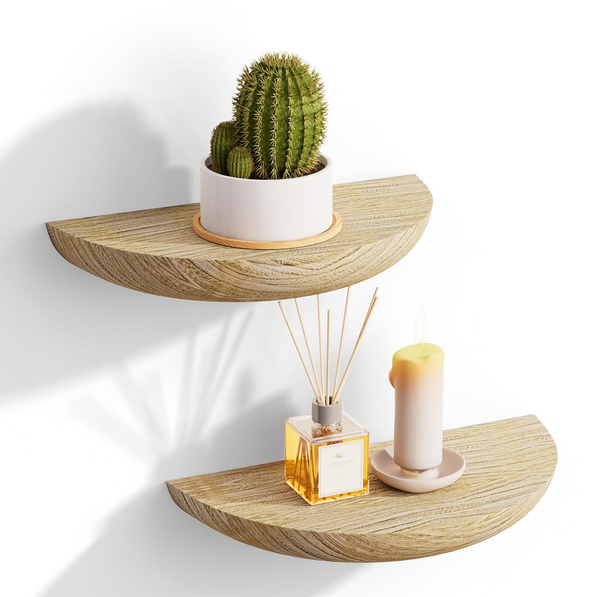 QsQueen Half Round Floating Shelves for Wall, 2 Pack Small Paulownia Wood, Screw Mount, for Plants & Decor
