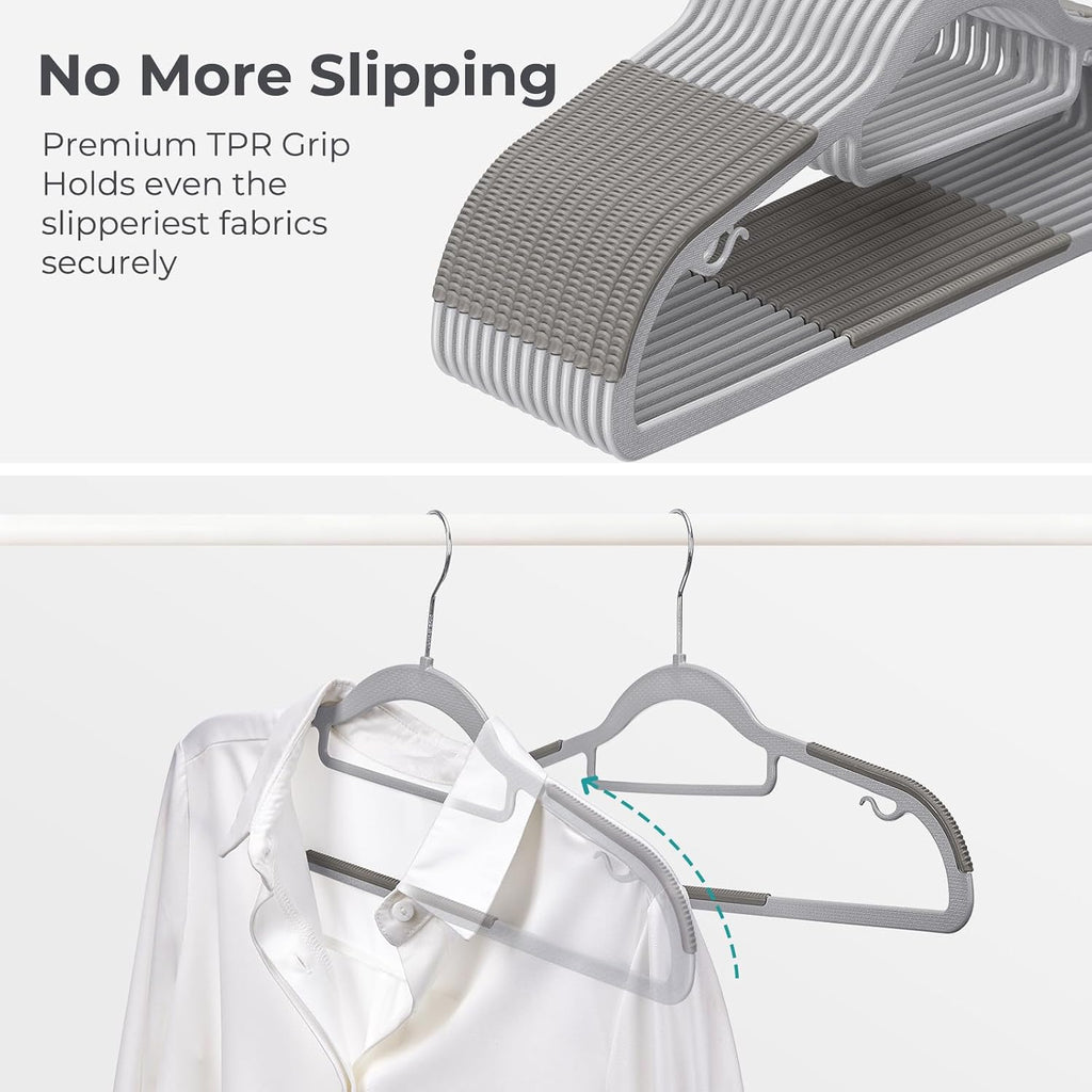 HOUSE DAY Plastic Hangers 50 Pack, Grey Plastic Clothes Hangers Non Slip with Rubber Grip, Heavy Duty Hanger with 360° Swivel Metal Hook, Ultra Thin Hangers Space Saving for Closet Organizer