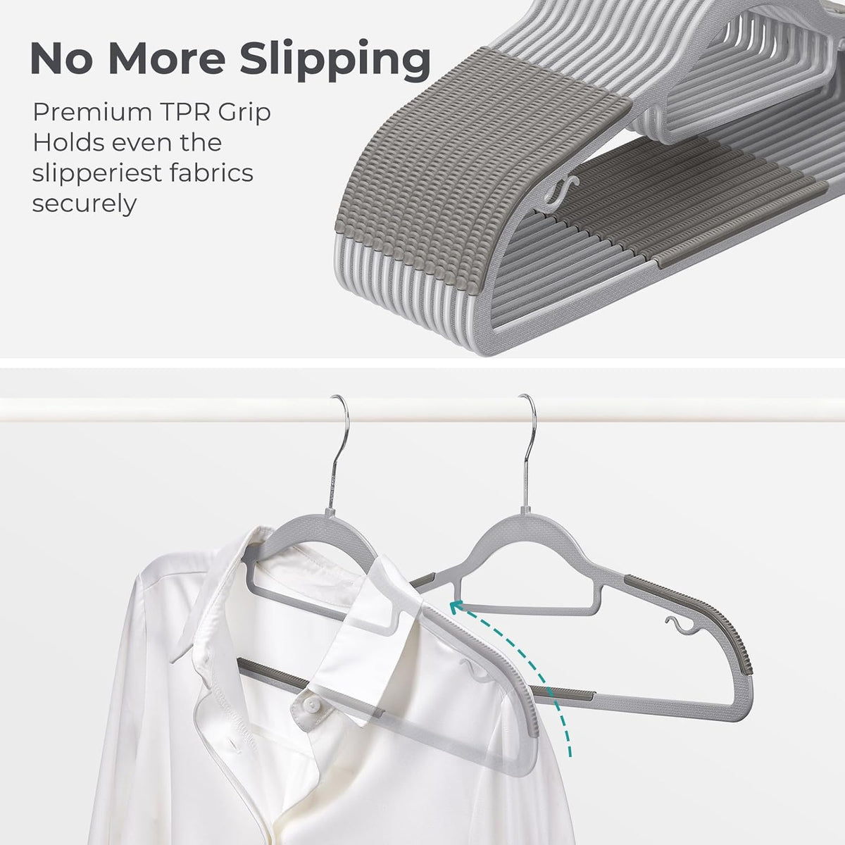 HOUSE DAY Plastic Hangers 50 Pack, Grey Plastic Clothes Hangers Non Slip with Rubber Grip, Heavy Duty Hanger with 360° Swivel Metal Hook, Ultra Thin Hangers Space Saving for Closet Organizer