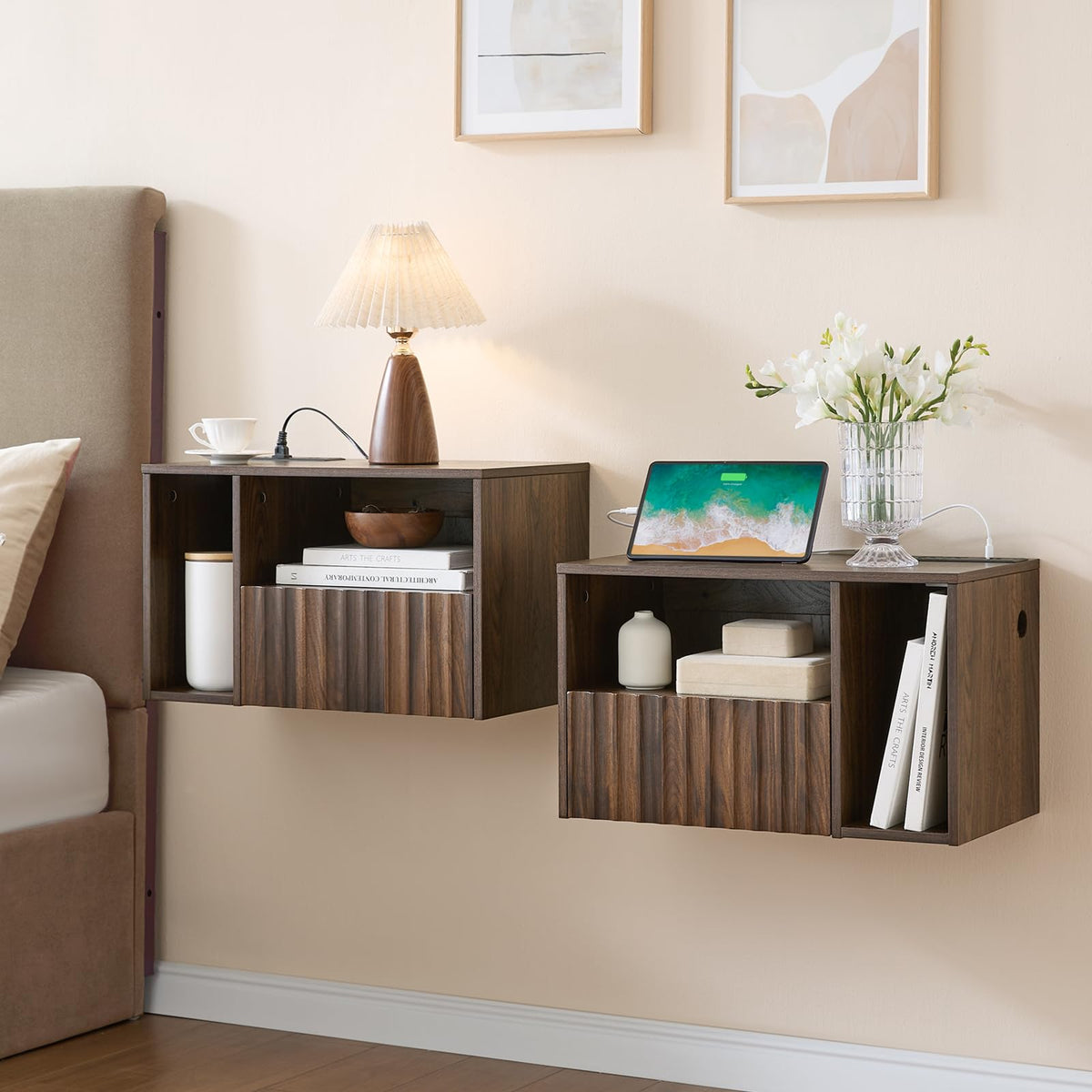 BuildHom Floating Nightstand Set of 2 with Fluted Drawer, Bedside Table