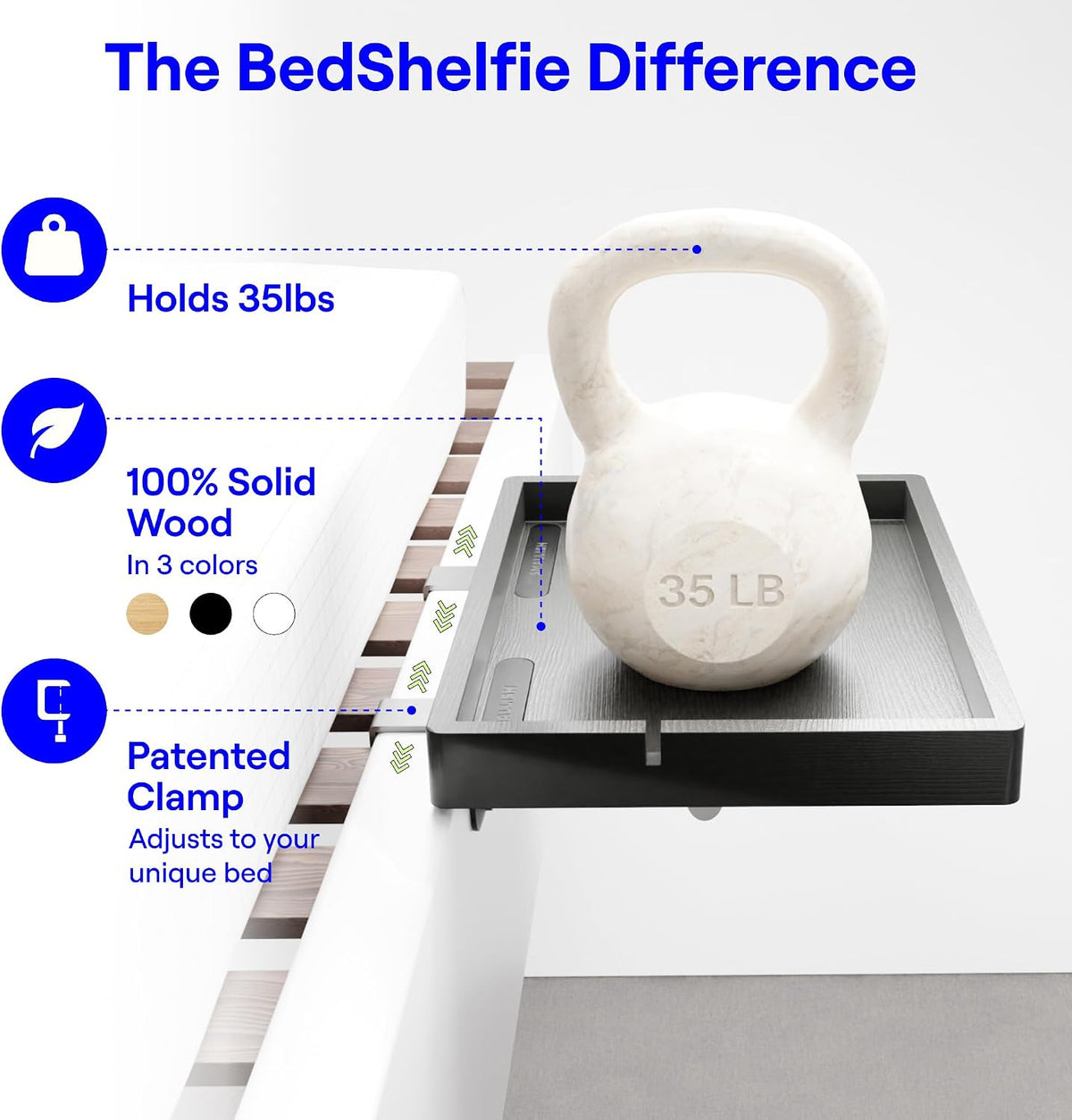 BedShelfie Wood Bedside Shelf for Bunk Bed & Top Bunk, College Dorm Room Essentials, Loft Nightstand, Floating Bed Side Table Tray Storage, Dorm Room Decor By Smallish - (DormEssential Wood, Black)