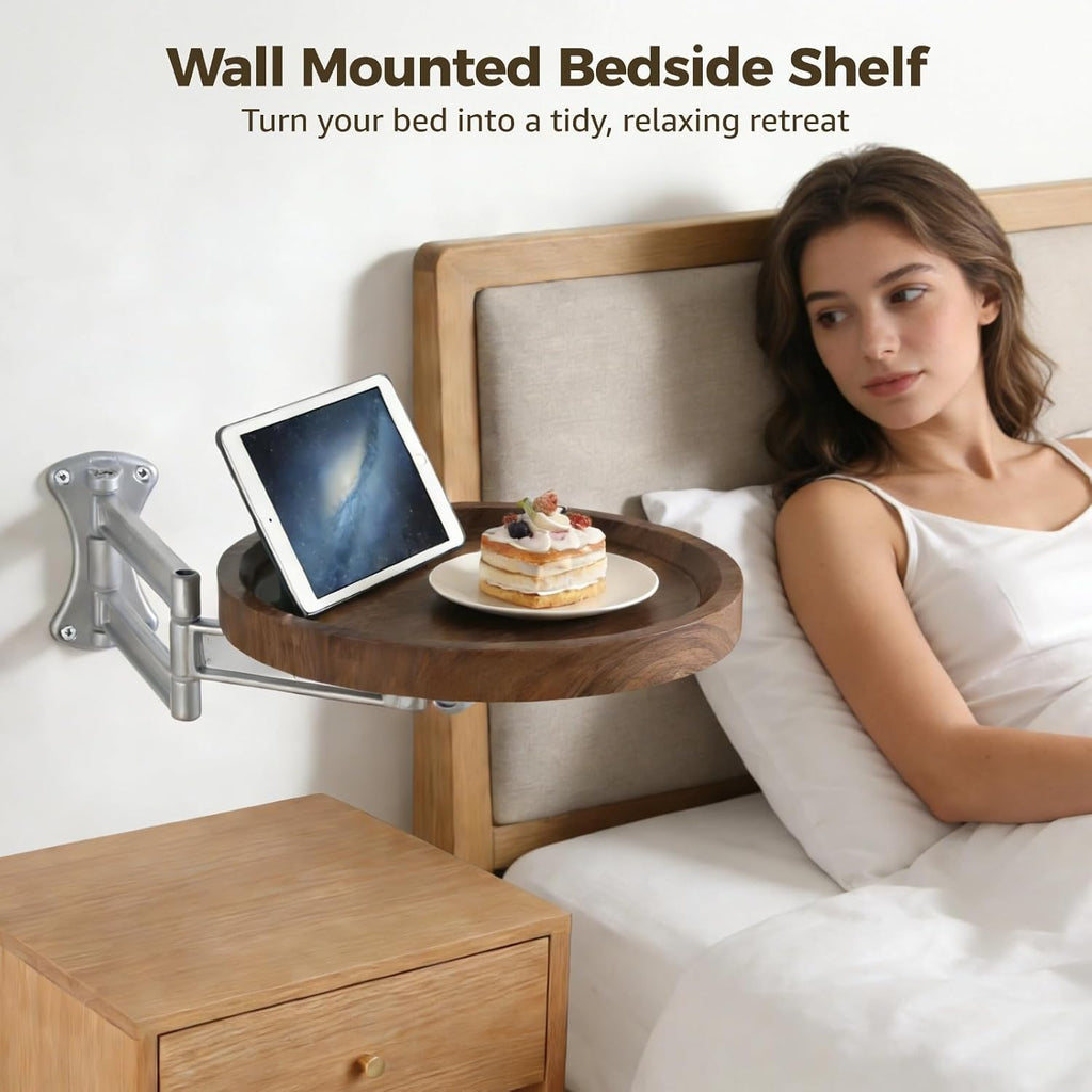 Wall Mounted Bedside Shelf, 11 in Round Floating Table for Wall, Foldable Side Tray with Swing Arm Bracket, Space Saving Nightstand Desk for Bedroom, Sofa, Small Study Corner