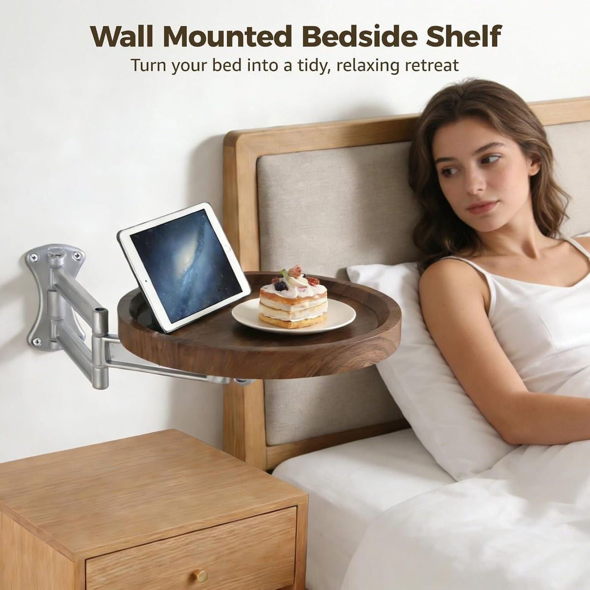 Wall Mounted Bedside Shelf, 11 in Round Floating Table for Wall, Foldable Side Tray with Swing Arm Bracket, Space Saving Nightstand Desk for Bedroom, Sofa, Small Study Corner
