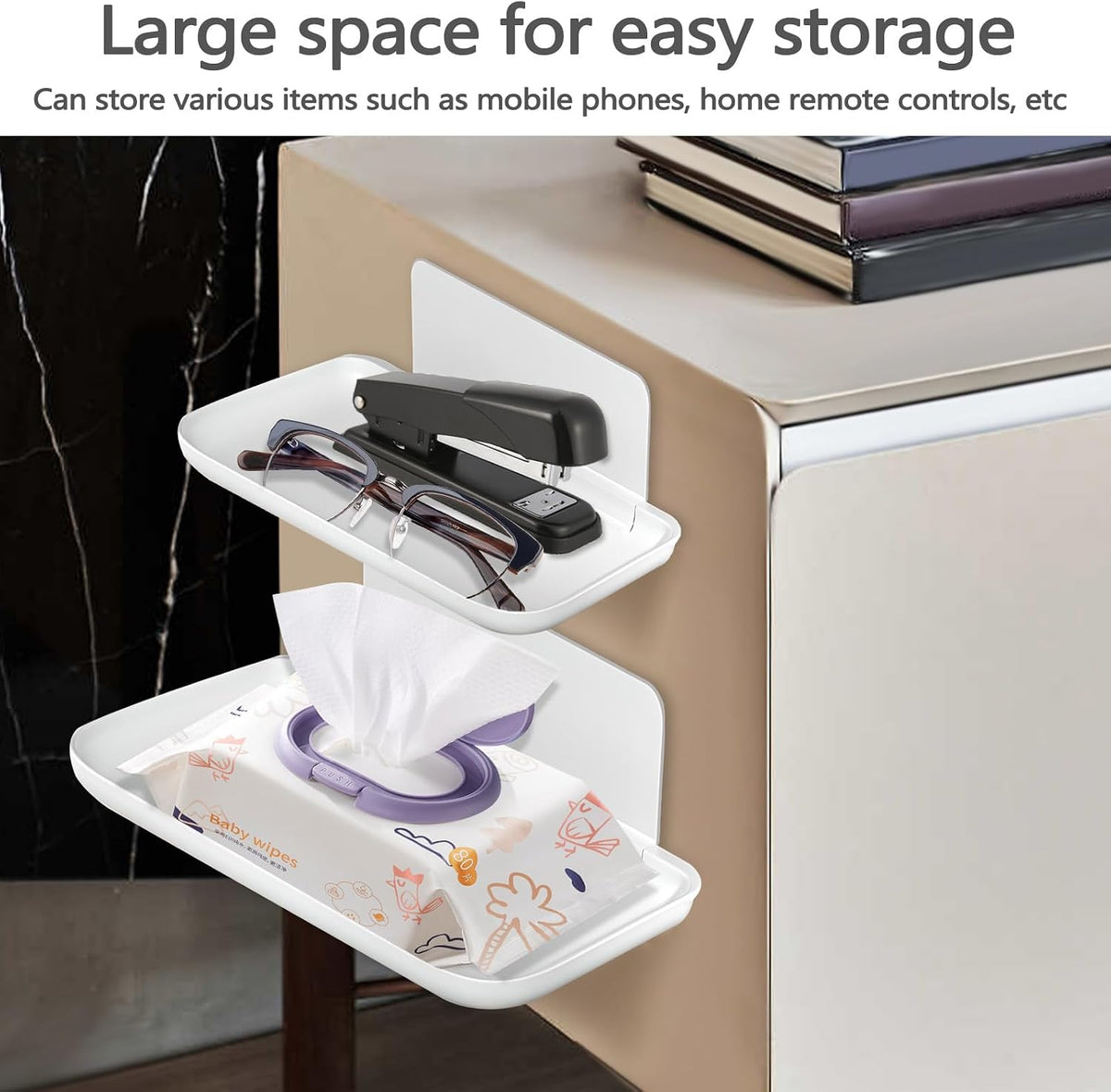 2 Pack White PP Folding Wall Shelf, 6.8" x 4.3" & 11" x 6.3" Foldable Adhesive Shelves, Small Fold-Down Wall Storage Tray for Bathroom Toilet Kitchen Phone Towel