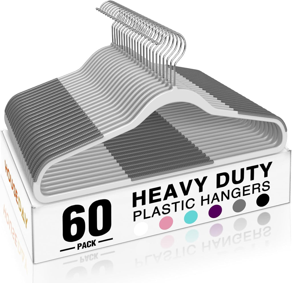 HOUSE DAY Non Slip Plastic Clothes Hangers 60 Pack with Rubber Pads, Grey