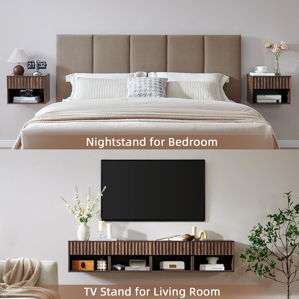 BuildHom Floating Nightstand Set of 2 with Fluted Drawer, Bedside Table