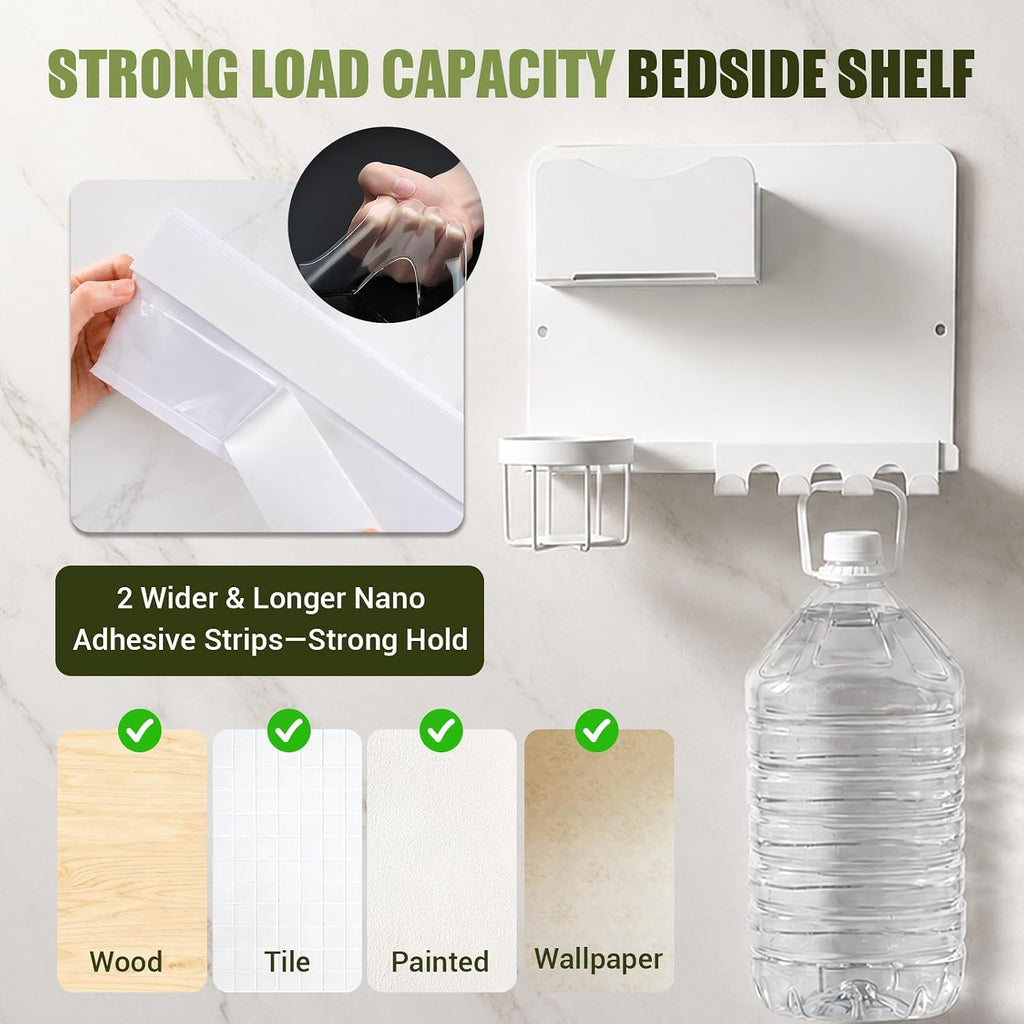 Floating Bedside Wall Shelf, Metal Bedside Wall Organizer with Detachable Cup Holder, No Drill Wall Mounted Storage for Bedroom, Dorm, Loft Bed, Bunk Bed & Small Space Organization