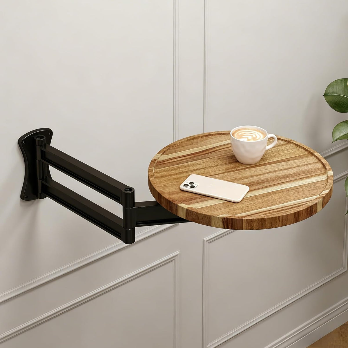 Wall Mounted Folding Table,11" Acacia Bedside Shelf Wall Mount Floating Wall Desk with 36 LBS Capacity for Small Spaces,Round Wood Tabletop with 720° Rotatable Aluminum Alloy Brackets