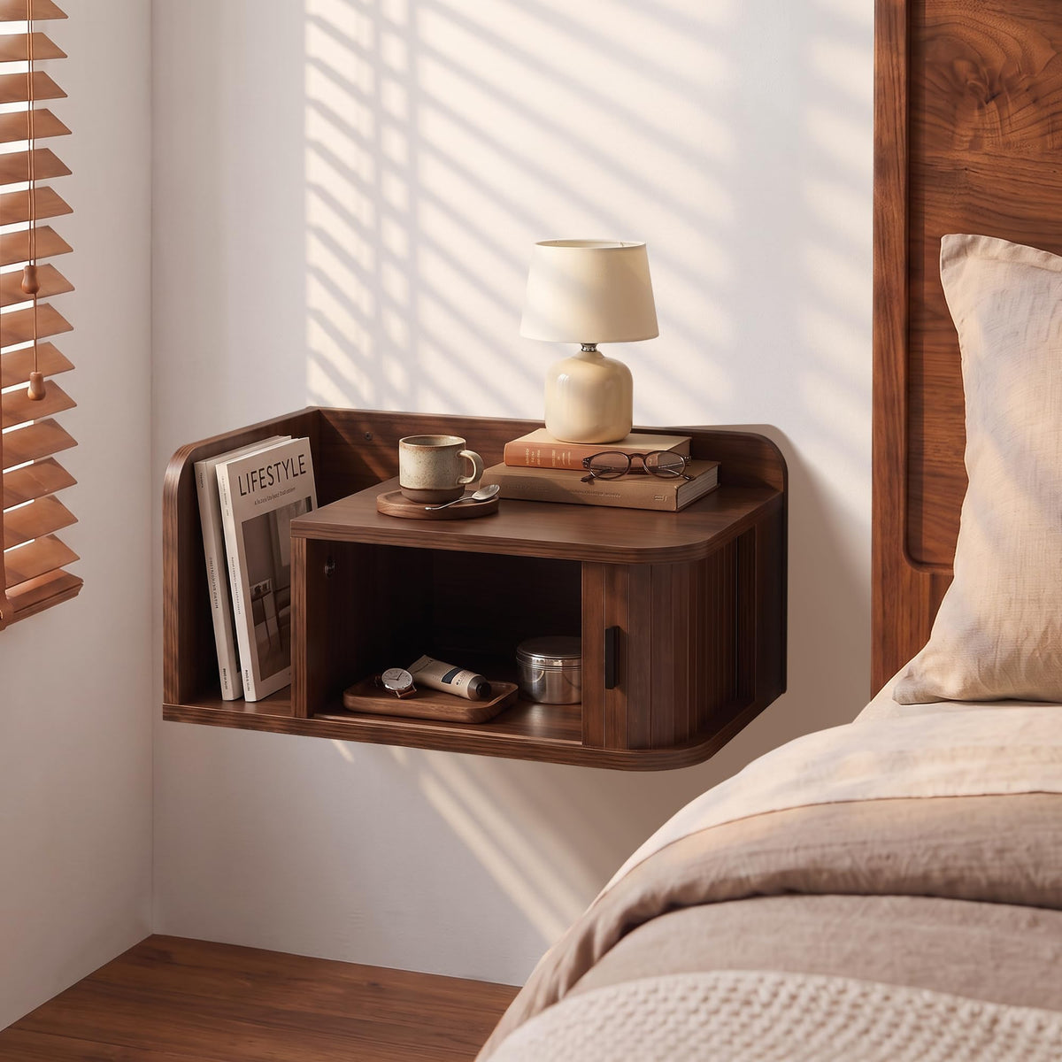 Floating Nightstand Walnut Fluted Bedside Table with Open Shelf (R)