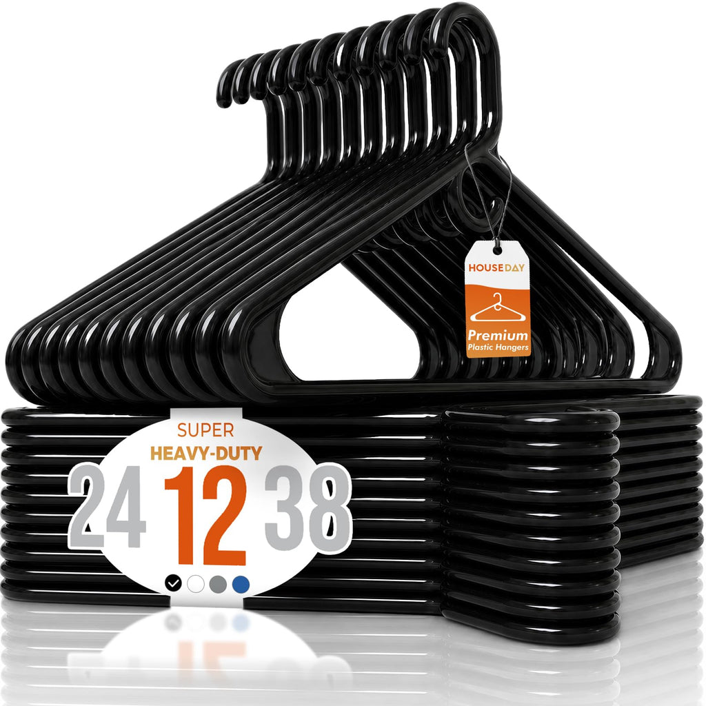 HOUSE DAY Heavy Duty Plastic Hangers 24 Pack - Thick Black Clothes Hangers