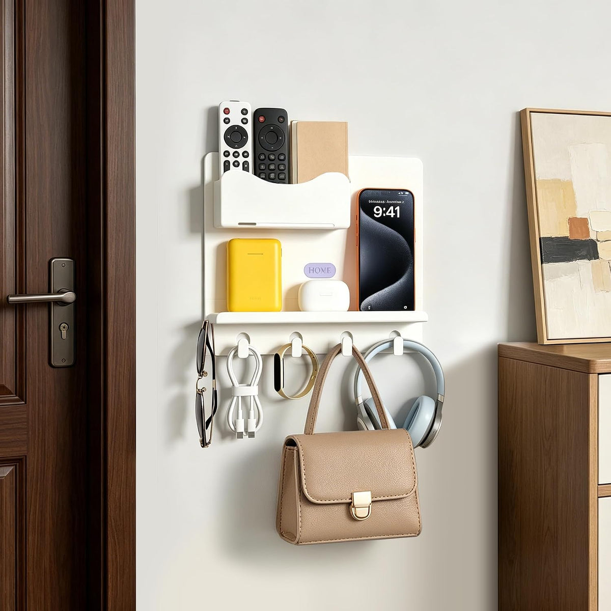 Bedside Shelf Wall Mount, Adhesive Bedside Shelf Accessories Organizer with Hooks and Cable Clips,Dorm Bedside Wall Storage for Phone, Remote, Earphone,Plastic (White)