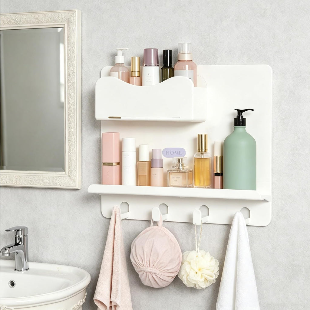 Bedside Shelf Wall Mount, Adhesive Bedside Shelf Accessories Organizer with Hooks and Cable Clips,Dorm Bedside Wall Storage for Phone, Remote, Earphone,Plastic (White)