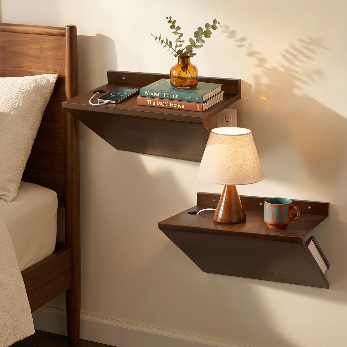 Floating Nightstand Set of 2 Walnut Bedside Table Wall Mounted Wood