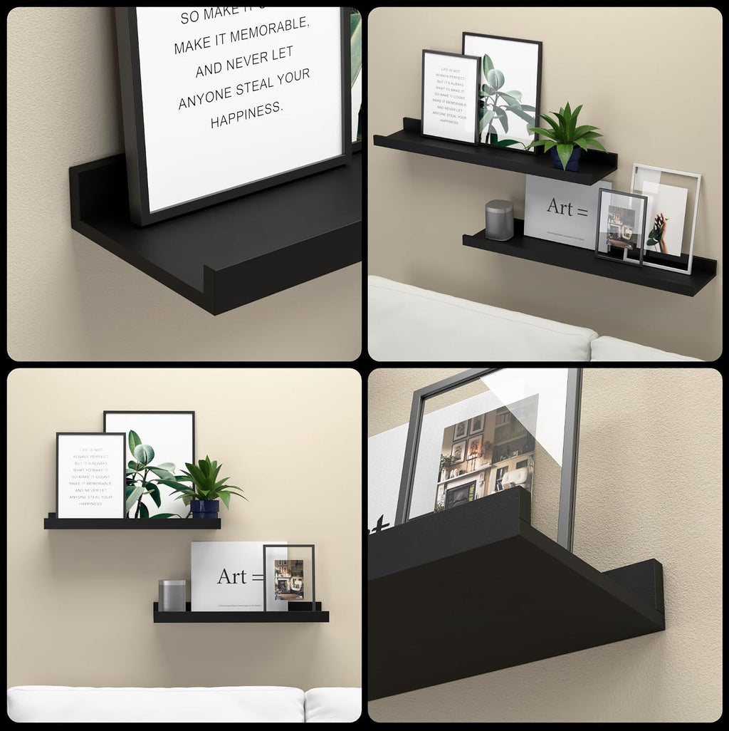 Boswillon Floating Shelves Set of 2, Small Wall Shelf with Lip, 16in, Black