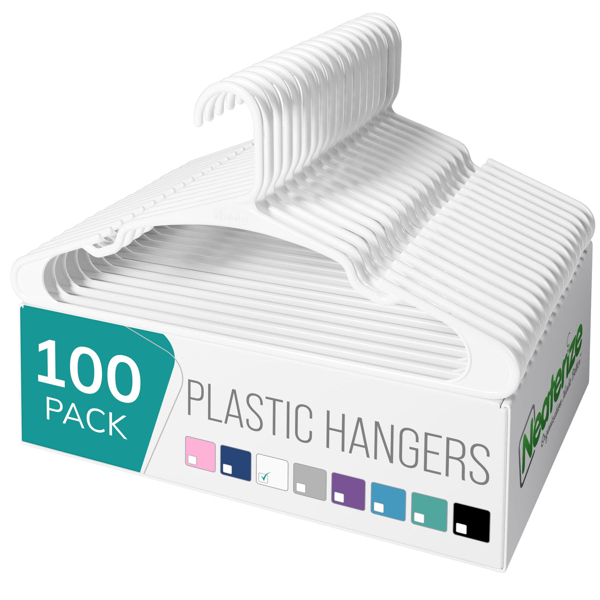 NEATERIZE Clothes Hangers Plastic 100 Pack for Adults - Plastic Hangers, The Perfect Coat Hanger and Space Saving Clothes Hangers for Closet - White Hangers