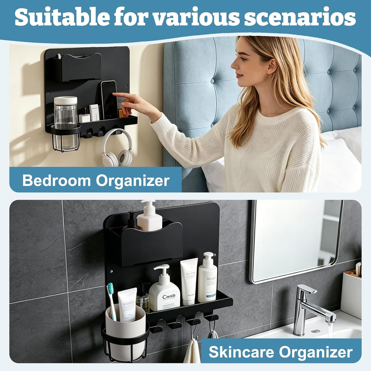 Metal Bedside Wall Shelf with Cup Holder, No Drill Floating Bedside Shelf Organizer, Wall Mounted Nightstand Alternative for Bedroom, Dorm, Bunk Bed, Loft Bed & Small Spaces, Black