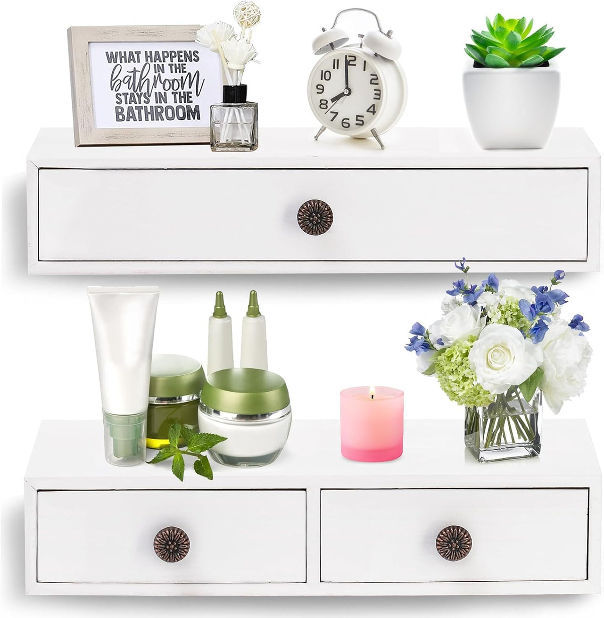 Yesland 2 Packs Space-Saving Floating Nightstand with Drawer - Perfect for Small Spaces - Supports 11 lbs - Compact Wall Mount Rustic Wood Floating Drawers - White