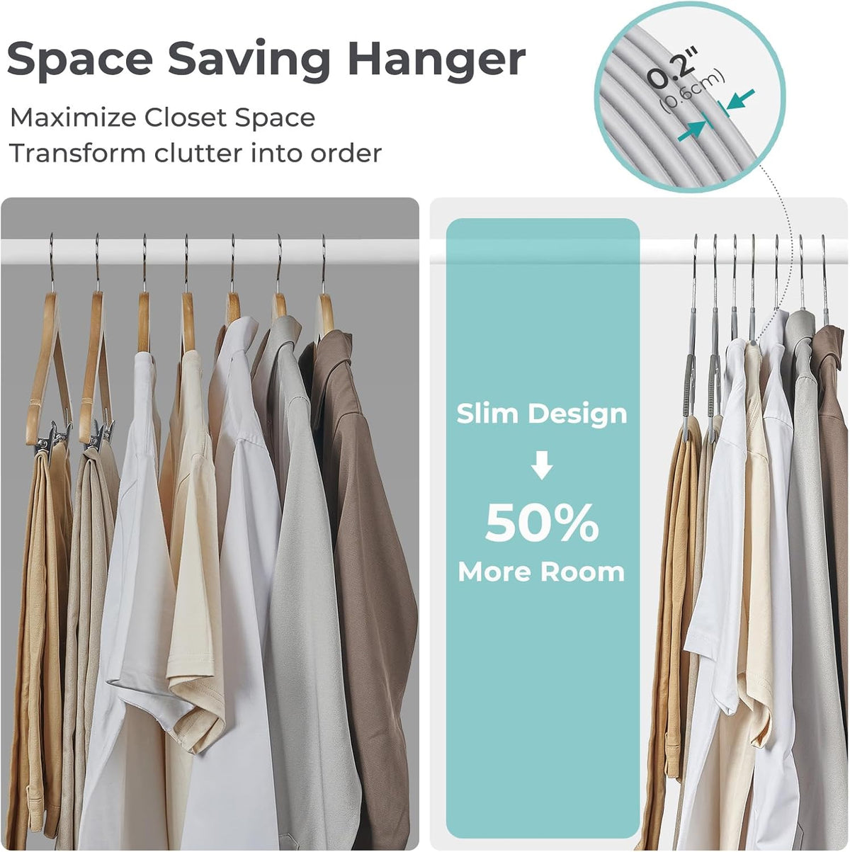 HOUSE DAY Plastic Hangers 50 Pack, Grey Plastic Clothes Hangers Non Slip with Rubber Grip, Heavy Duty Hanger with 360° Swivel Metal Hook, Ultra Thin Hangers Space Saving for Closet Organizer
