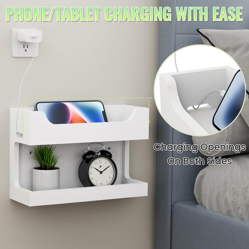 NiHome Bedside Wall Shelf Organizer, Wood 2-Tier Floating Nightstand, White