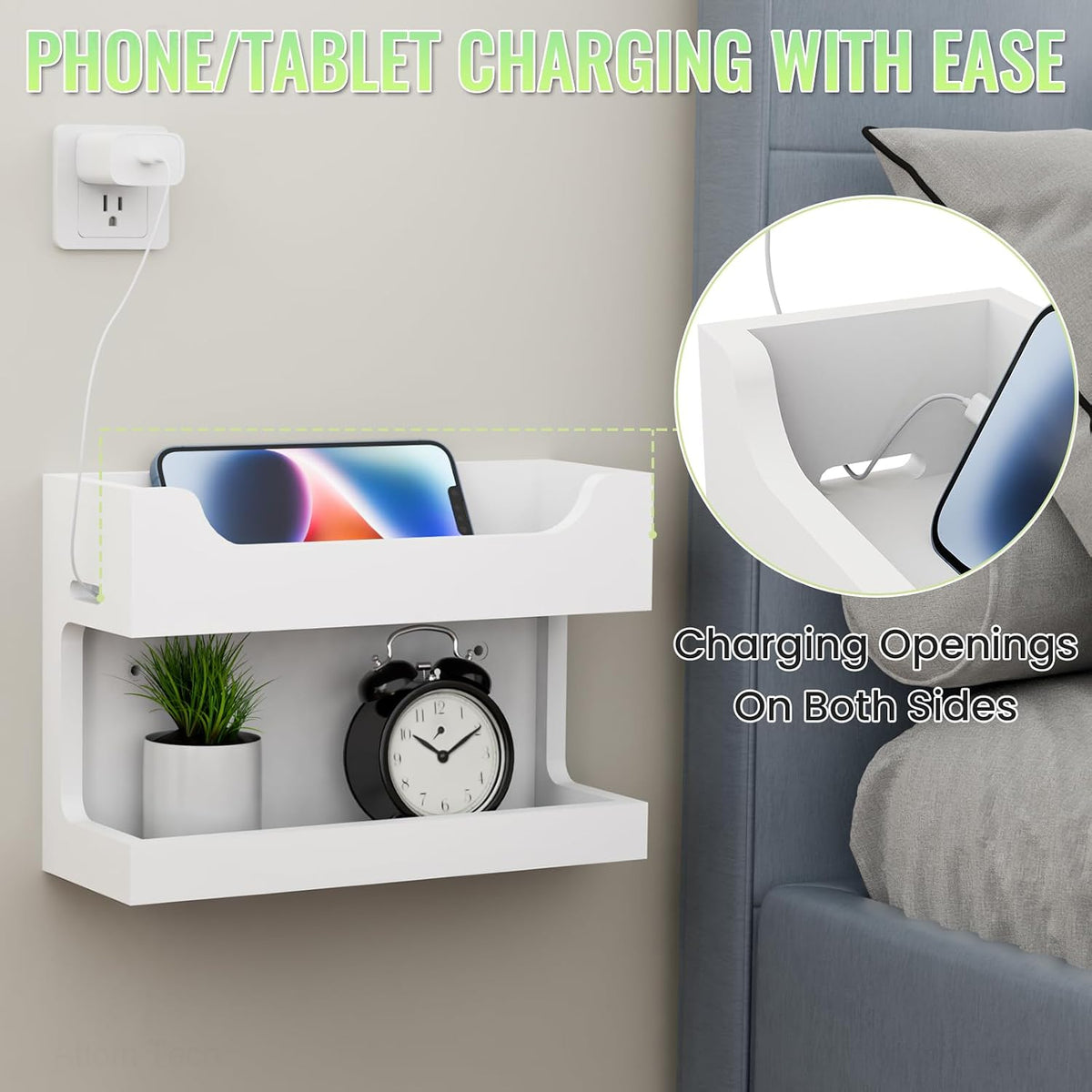 NiHome Bedside Wall Shelf Organizer, Wood 2-Tier Floating Nightstand, White