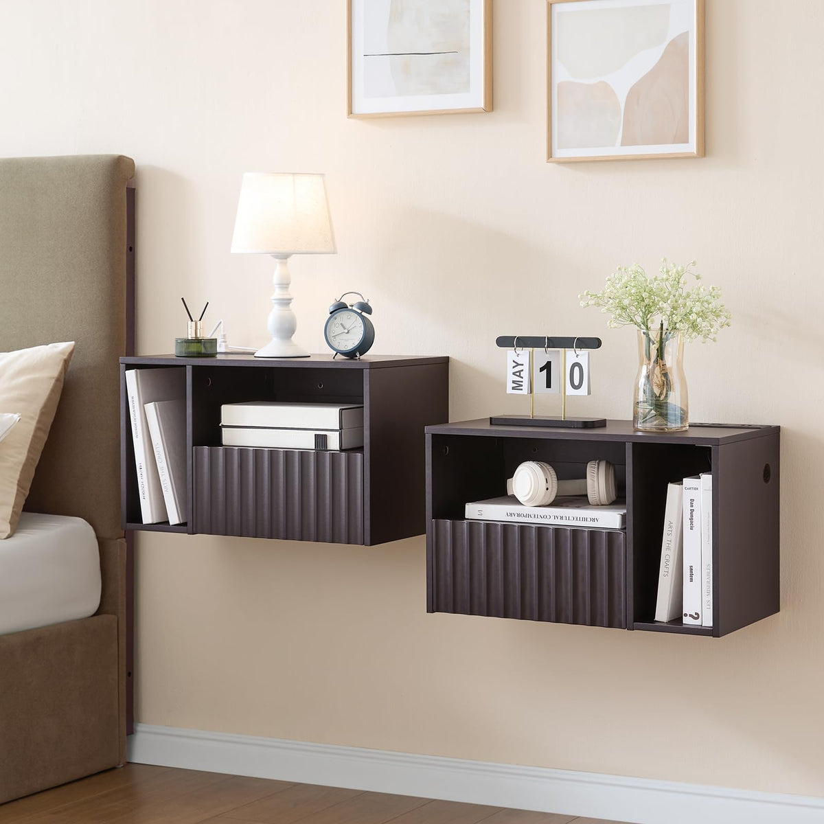 BuildHom Floating Nightstand Set of 2 with Fluted Drawer, Bedside Table