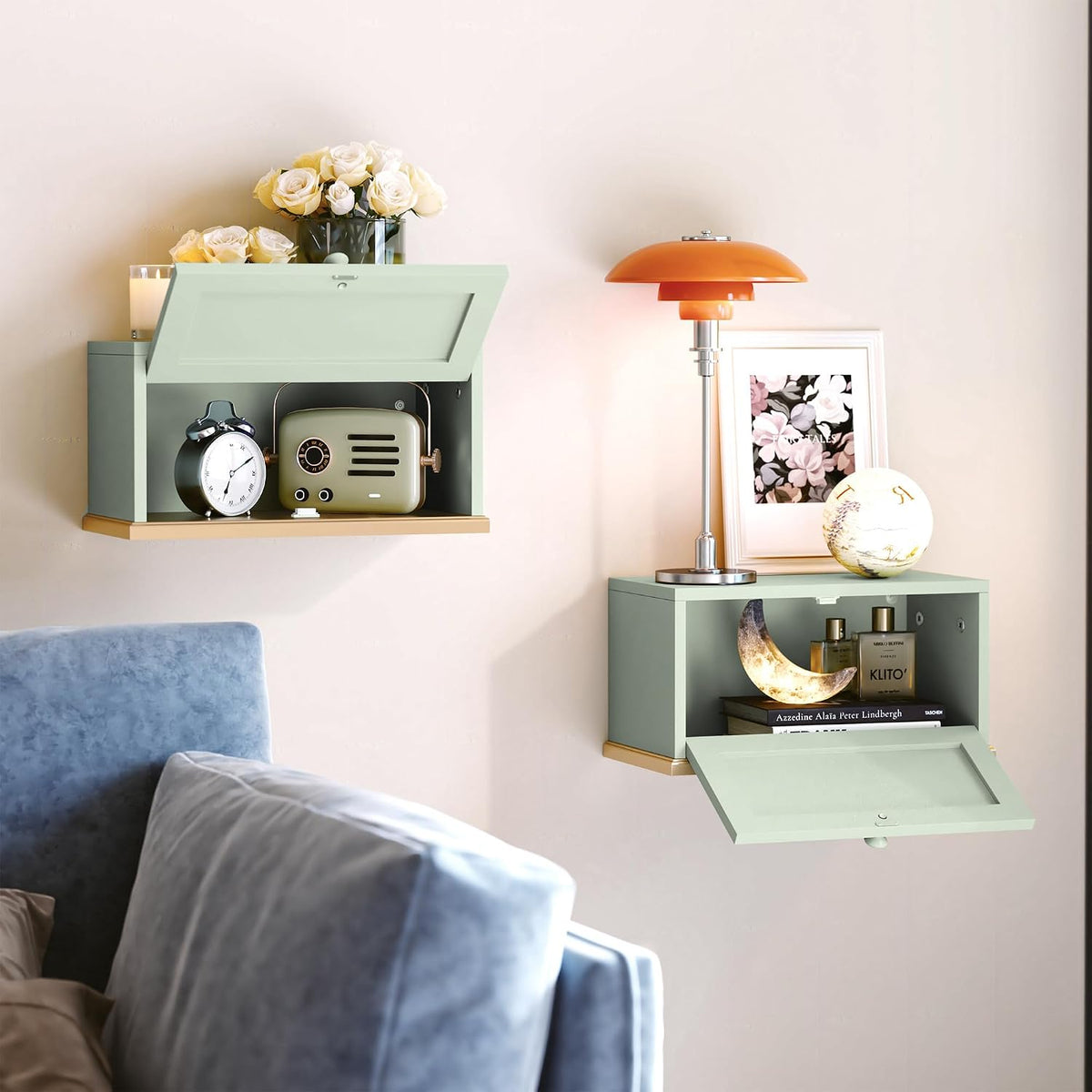HLR Floating Night Stand, Small Nightstand with Flap Door, Morden Wall Mounted Floating Nightstand for Bedrooms,Green