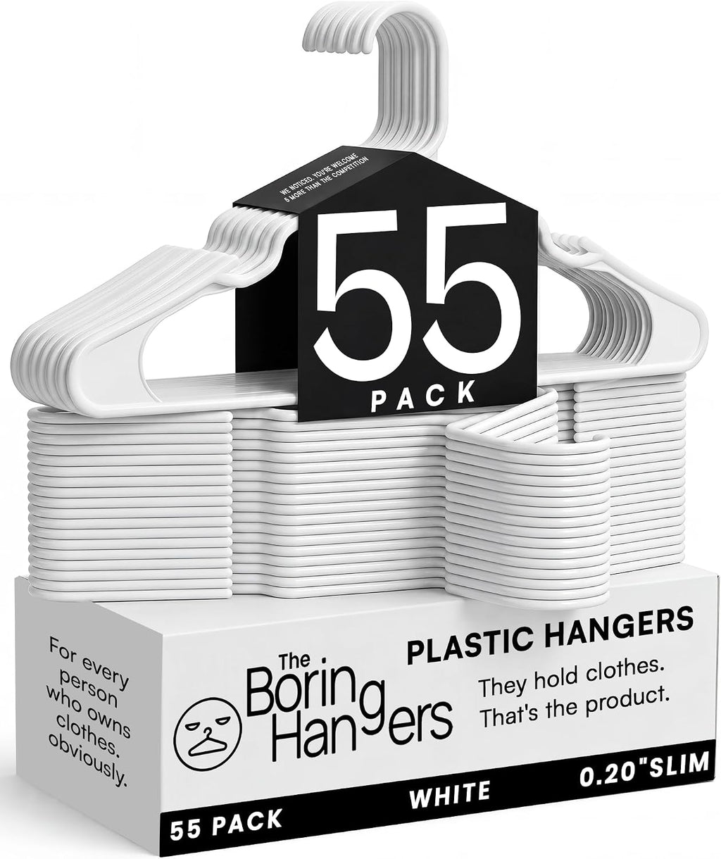 White Plastic Hangers 55 Pack - 10 lb Heavy Duty Plastic Clothes Hangers for Closet - 0.20" Thin, Slim & Space Saving White Coat Hangers for Shirts, Dresses, Jackets, Pants