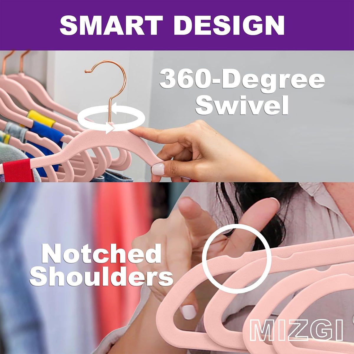 MIZGI Velvet Hangers 50 Pack Non Slip Heavy Duty Blush Pink Rose Gold Hooks