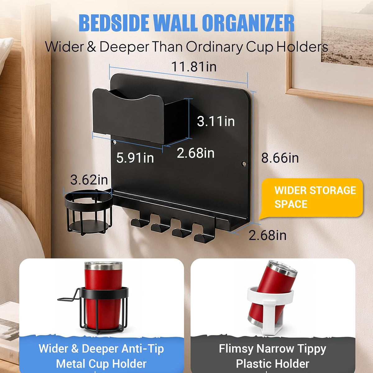 Metal Bedside Wall Shelf, No Drill Floating Bedside Shelf Wall Organizer