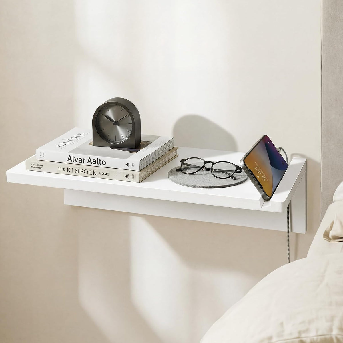White Floating Nightstand Pine Small Bedside Table Wall Mounted