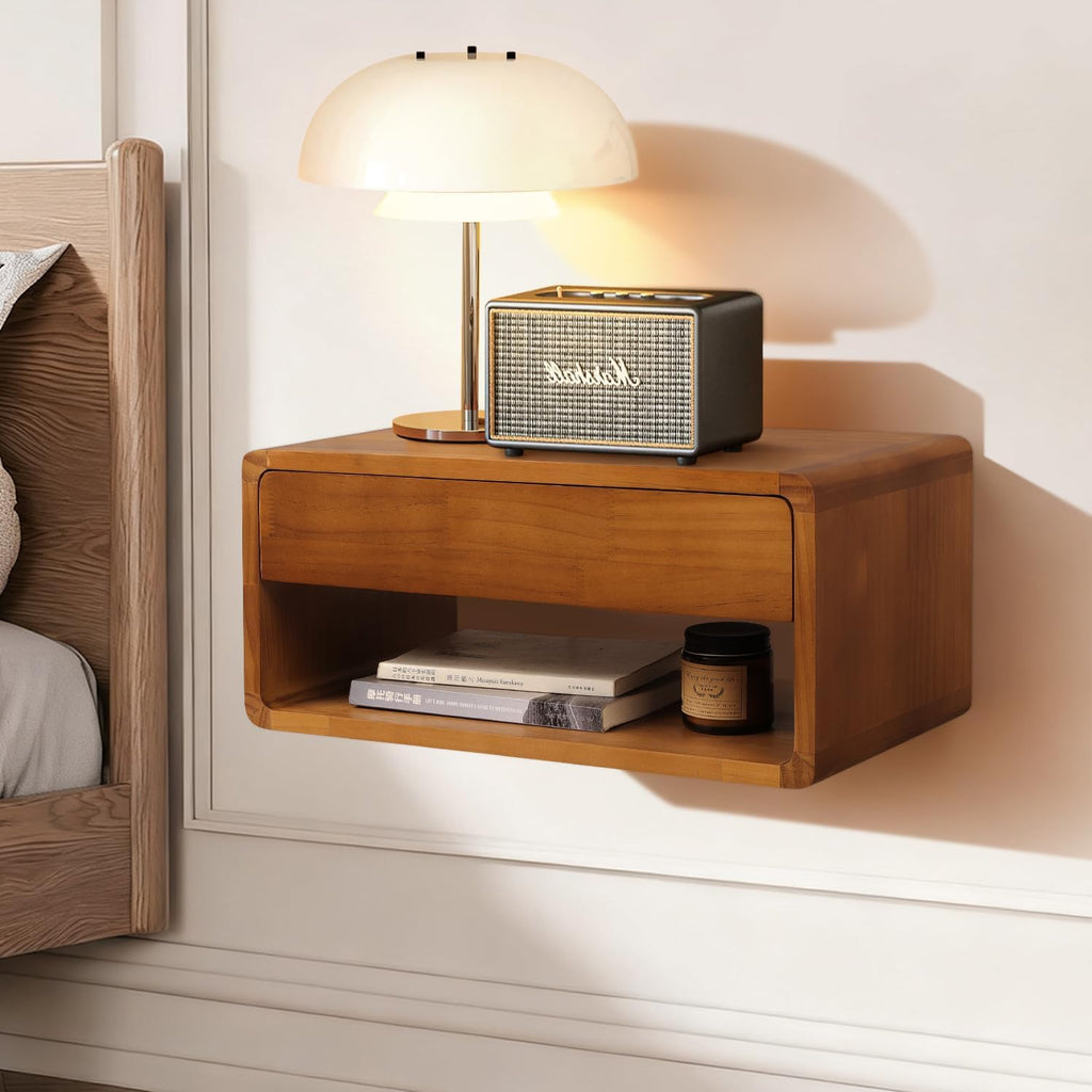 Floating Nightstand Wall Mounted Bedside Shelf Handmade Bedroom Furniture,Pine Wood Floating Bedside Table, Minimalist and Unique Style 17.5”x 9.5”x 8” Brown