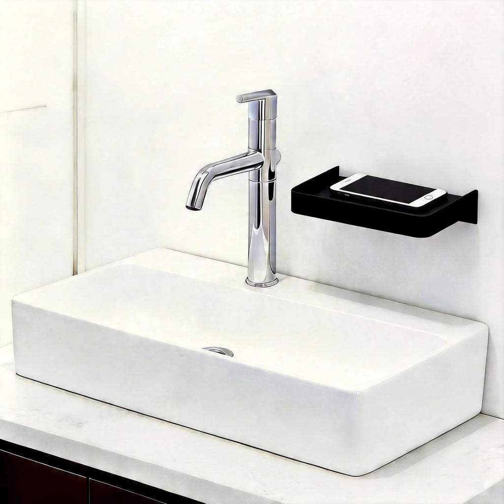 7.1x3.75in Small Floating Shelves for Wall for Cell Phone, Stainless Steel Bathroom Floating Shelf Wall Mount/Stick Mount for Kitchen Bedroom Office Storage Phone (Black, 1 Pack)