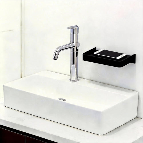 7.1x3.75in Small Floating Shelves for Wall for Cell Phone, Stainless Steel Bathroom Floating Shelf Wall Mount/Stick Mount for Kitchen Bedroom Office Storage Phone (Black, 1 Pack)