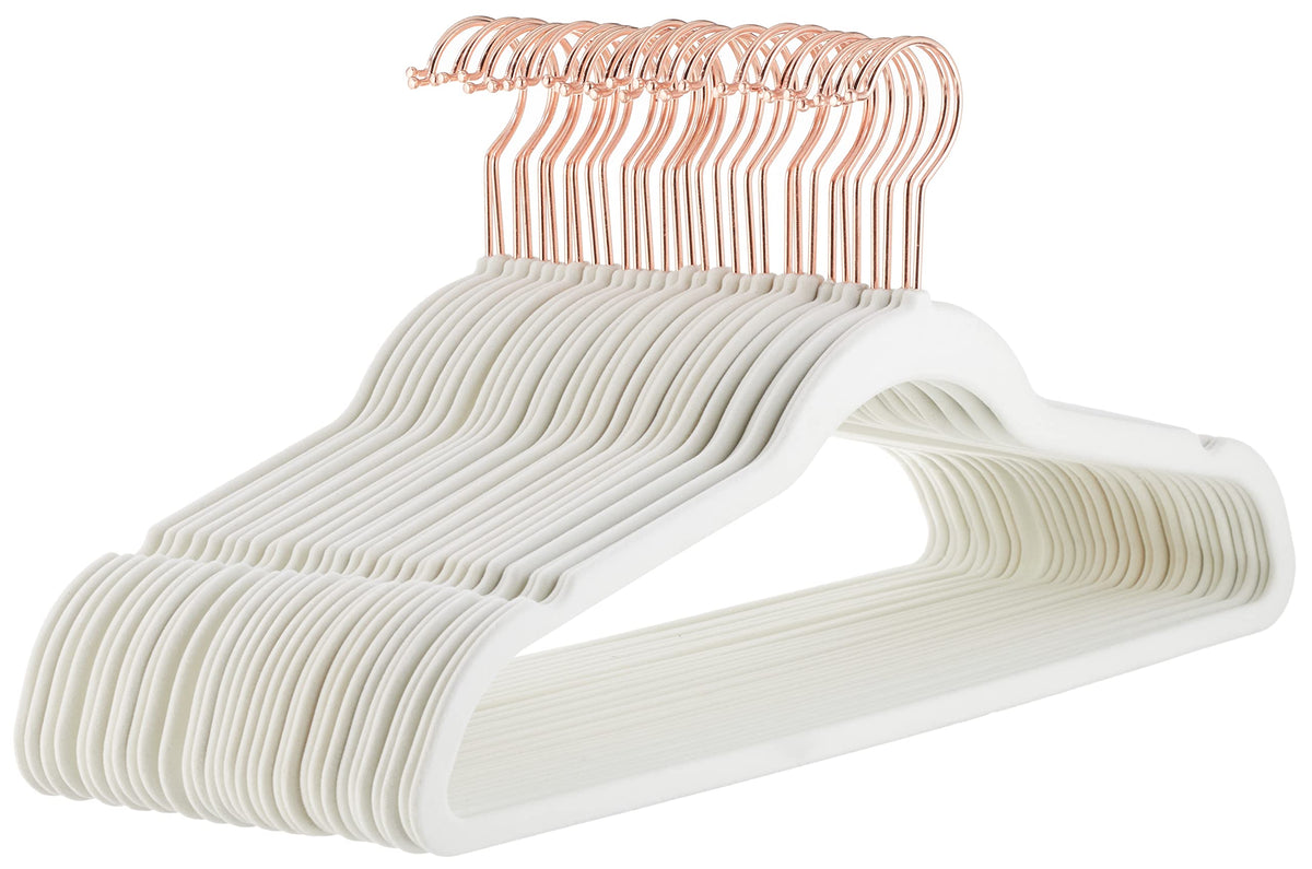 Amazon Basics Slim Velvet Non-Slip Space Saving Suit Clothes Hangers with Shoulder Notches for Closet Organization, Ivory/Silver, 50-Pack