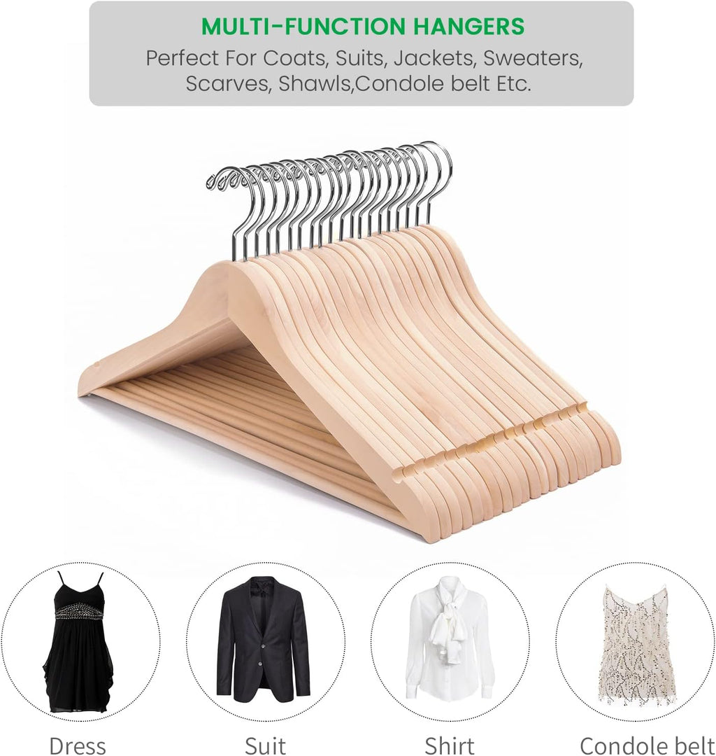 Nature Smile 20 Pack Unfinished Natural Solid Wooden Clothes Hangers Wood Suit Coat Jacket Hanger with Extra Smoothly Cut Notches and Bar - 360°Stronger Rotatable Hook