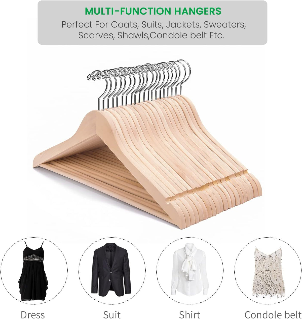 Nature Smile 20 Pack Unfinished Natural Solid Wooden Clothes Hangers Wood Suit Coat Jacket Hanger with Extra Smoothly Cut Notches and Bar - 360°Stronger Rotatable Hook